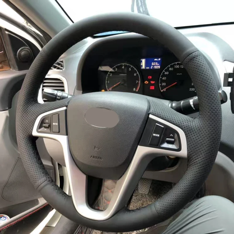 

High Quality cowhide Top Layer Leather handmade Sewing Steering wheel covers protect For Hyundai Solaris/Verna/i20/Accent