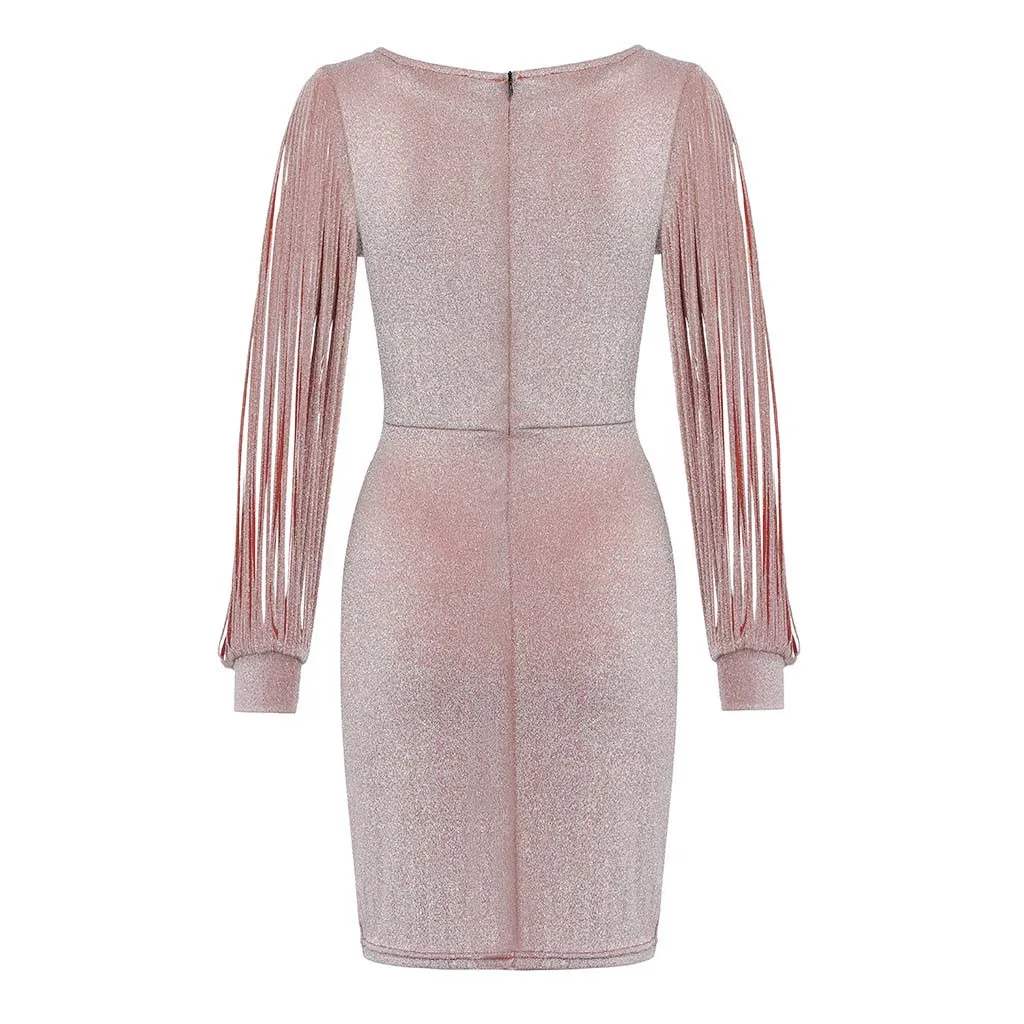 New Fashion Sexy Women V Ncek Solid Sequined Glitter Stitching Shining Club Sheath Long Sleeved Mini Dress For Female