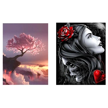 

2 set 5D Diy Diamond Painting Home Decor Embroidery - Beauty and Skull Round Diamond & Sakura Tree Square Diamond