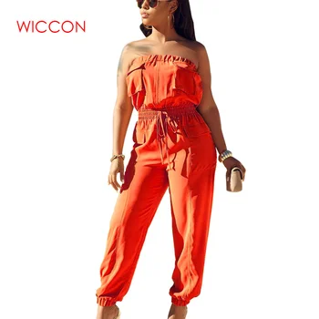 

New Arrival Lace Up Jumpsuits Ladies Summer Bodysuit Sexy Elastic Waist Off Shoulder Solid Jumpsuits