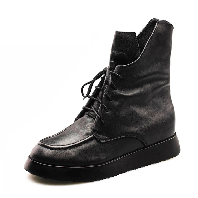 Зимние черные ботинки из натуральной коровьей кожи; женская Винтажная обувь на плоской подошве со шнуровкой; зимняя теплая обувь ручной работы; женская обувь; 19 - Цвет: black