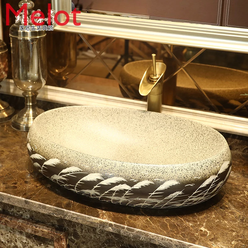 

Home Chinese Style Bathroom Carved Washbasin Balcony Large Size Ceramic Basin Single Basin