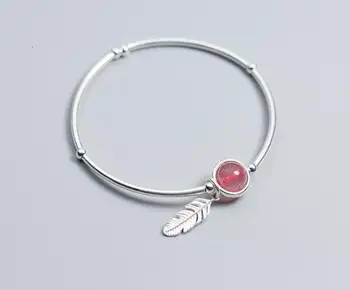 

100% 8mm real. 925 Sterling silver Fine Jewelry Natural Strawberry Quartz Stone &Bird Feather cuff Chain Bracelet GTLS563