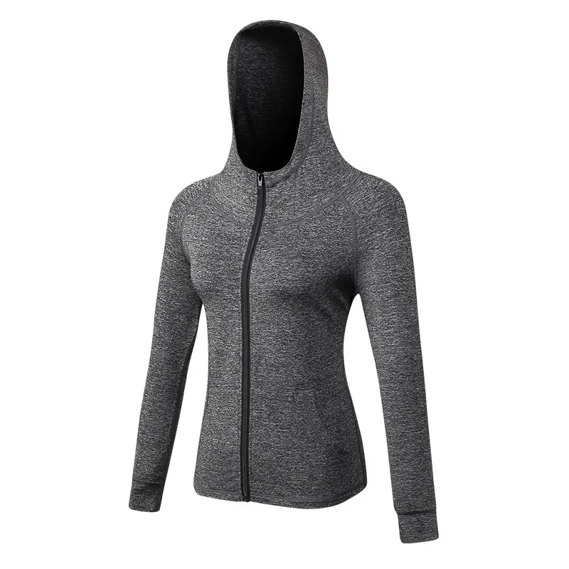 Gray Женская зимняя куртка для бега, фитнеса, йоги, тренировок, на молнии, Спортивная, повседневная, с капюшоном, быстросохнущая, Джерси, женские топы, синий, черный, S XXL - Цвет: Gray