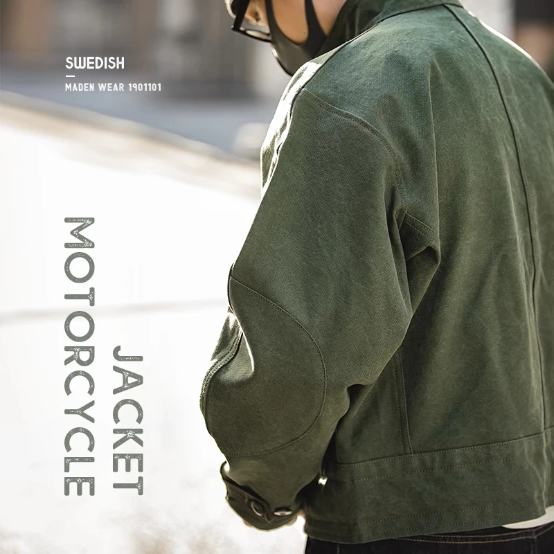 Army Green Retro Jacket Misplaced Oblique Buckle Swedish Motorcycle Men's Jacket AMEKAJI Cotton Washed XXXL Jacket