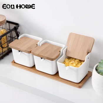 

Useful Herb Spice Tools Seasoning Jars Salt Sugar Tea Storage Jars with Wooden Lid Ceramic Seasoning Rack Kitchen Utensils