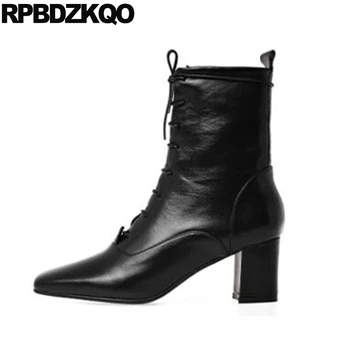 

Big Size Lace Up Genuine Leather 41 Beige Retro 10 Shoes Plus Fur Women Ankle Boots Medium Heel Square Toe Chunky Black Vintage