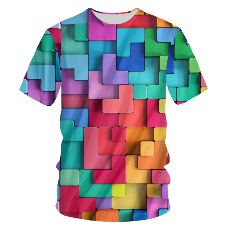 

IFPD EU Size Summer Shirt Men Casual 3D T-shirt Cool Print Colored Square Puzzle Shirt Man Hiphop Short Sleeve O Neck Streetwear