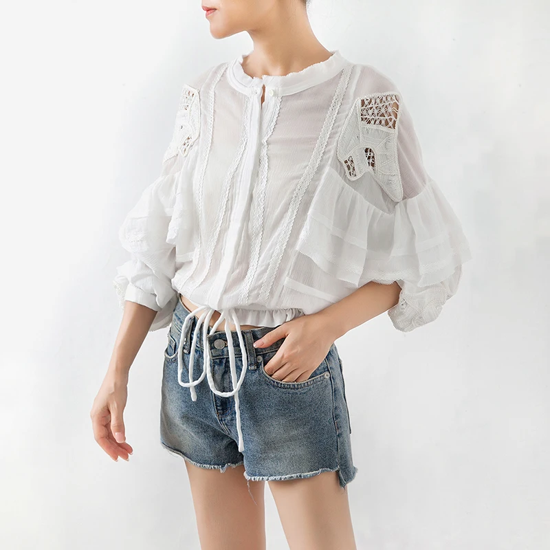 MIAOQING Ruffled patchwork shirt for women O cutouts with long sleeves and bow bandages for summer