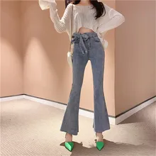 Настоящие джинсы в Корейском стиле с завышенной талией, узкие джинсы микро-ла, новые модные узкие джинсы с потертостями