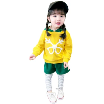 

Sweatshirt Long Sleeve Autumn 2Pcs/Sets For Kids Baby Girls Cartoon Print Ear Hoodie +Striped Fake 2 Piece Pants Costume Set