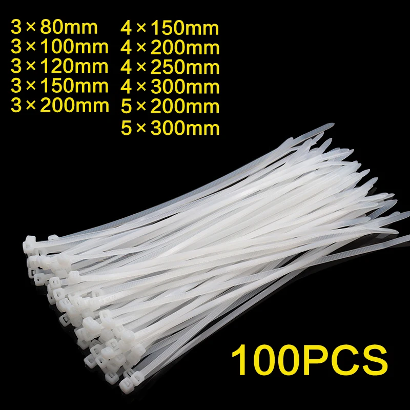 

100PCS Self-Locking Plastic Nylon Cable Ties Wraps Fixing Ring 5x300mm Fastening Ring Zip Wraps Strap Cabl Zip Tie 3x200mm