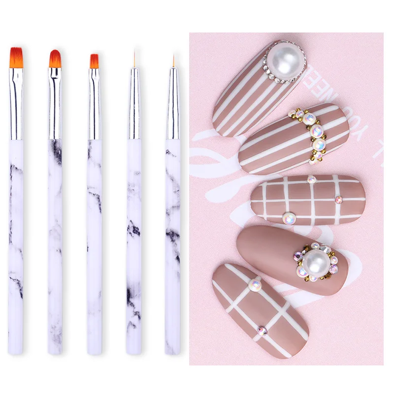 

5 Pcs/Set UV Gel Liner Drawing Brush Acrylic Marble Handle Nail Liner Painting Pens for Nail Art Design Tools