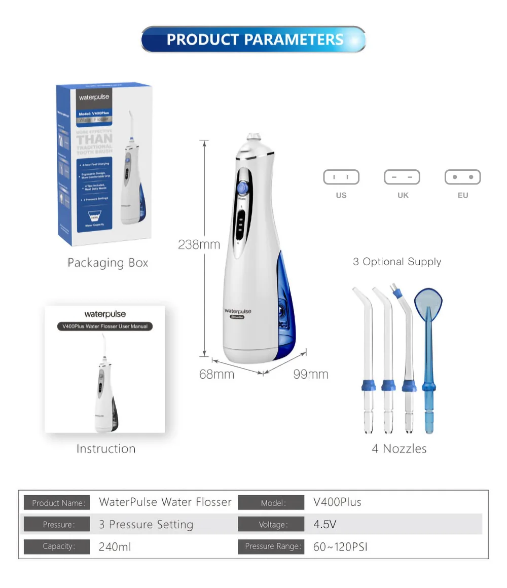 Waterpulse V400 Портативный зубная нить беспроводной Оральный ирригатор с футляр 240 мл Перезаряжаемые Батарея воды набор флоссов для зубов