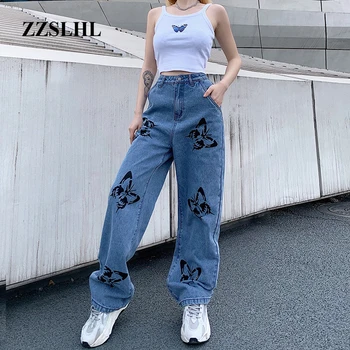 

2020 Pockets Patchwork Butterfly High Waist Jeans Women Streetwear Straight Jean Blue Flare Pants
