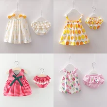 Новая одежда для новорожденных девочек, платье без рукавов+ шорты, комплект одежды из 2 предметов, комплекты одежды в клетку с цветочным принтом, летний пляжный костюм для детей 0-24 месяцев