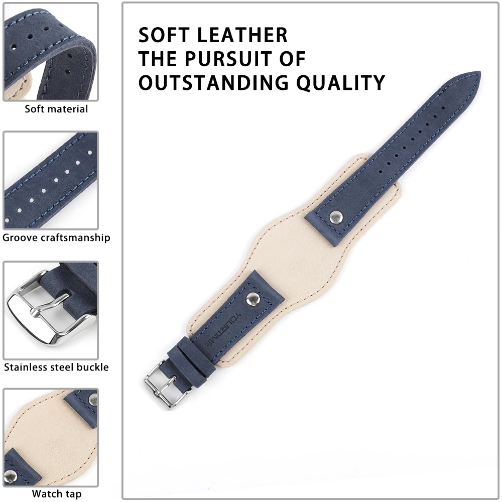 Genuine Leather Watchband 22mm Strap With Mat Handmade Men's Wrist Watch Band Blue White Tray Bands Bracelet Watch Accessories