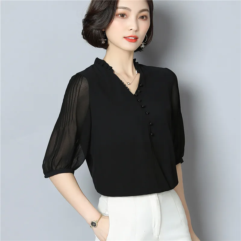 Женская шифоновая блузка с коротким рукавом элегантная повседневная черная v образным вырезом для офиса