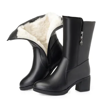 

Women Winter Genuine Cow Leather Wool Boots High Heels Round Toe Mid-calf Warm Martin Boots Waterproof Crystal Knight Booties