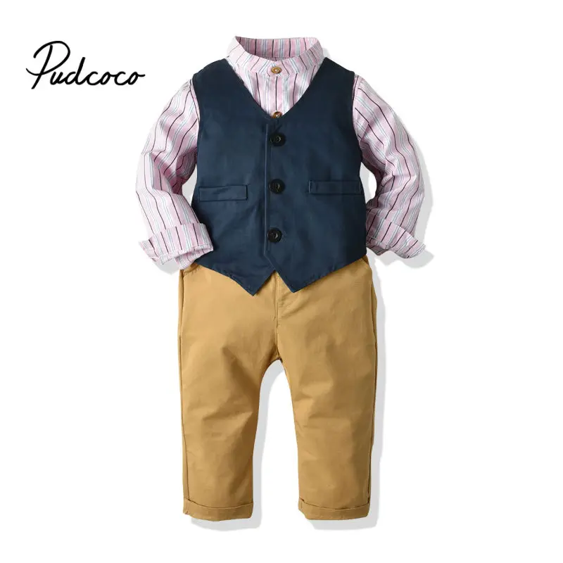 Brand 3 Pcs Baby Boy Toddles Auturm Formal Party Gentelmen Striped Long Sleeve Shirt Blue Jacket Khaki Pants Children Sets | Детская