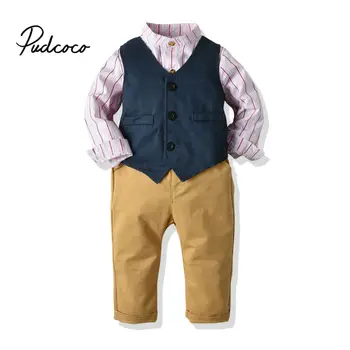

Brand 3 Pcs Baby Boy Toddles Auturm Formal Party Gentelmen Striped Long Sleeve Shirt Blue Jacket Khaki Long Pants Children Sets