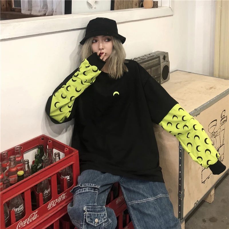 Поддельный Двухсекционный свитер женский корейский ins moon print Harajuku винтажный BF модный Свободный Повседневный Женский свитшот