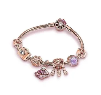 

925 Sterling Silver Rose Pink Fan With Colorful Crystal Pendant Beaded Bracelet For Women Wedding Gift Pandora Jewelry