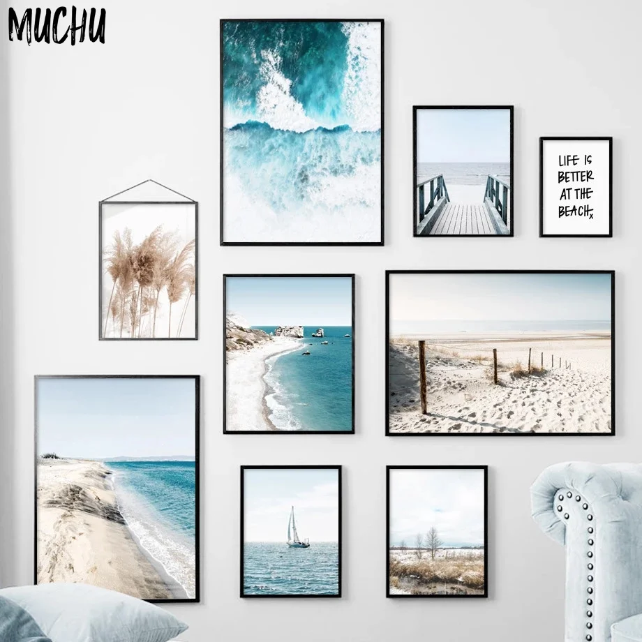 Canvas Art Blue Sea Bridge Reed Beach Sailboat Quote Landscape Painting Nordic Wall Pictures For Living Room Decor Gift | Дом и сад