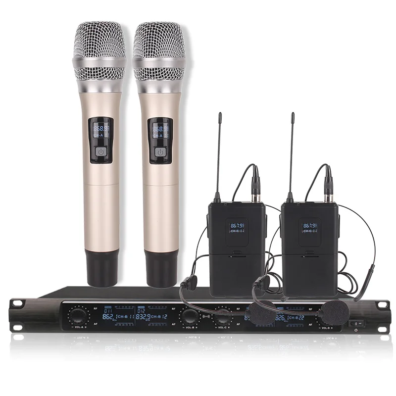 

Professional microphone system 4 channel microphone wireless with 2 headphone microphone 2 hand microphone stage performance