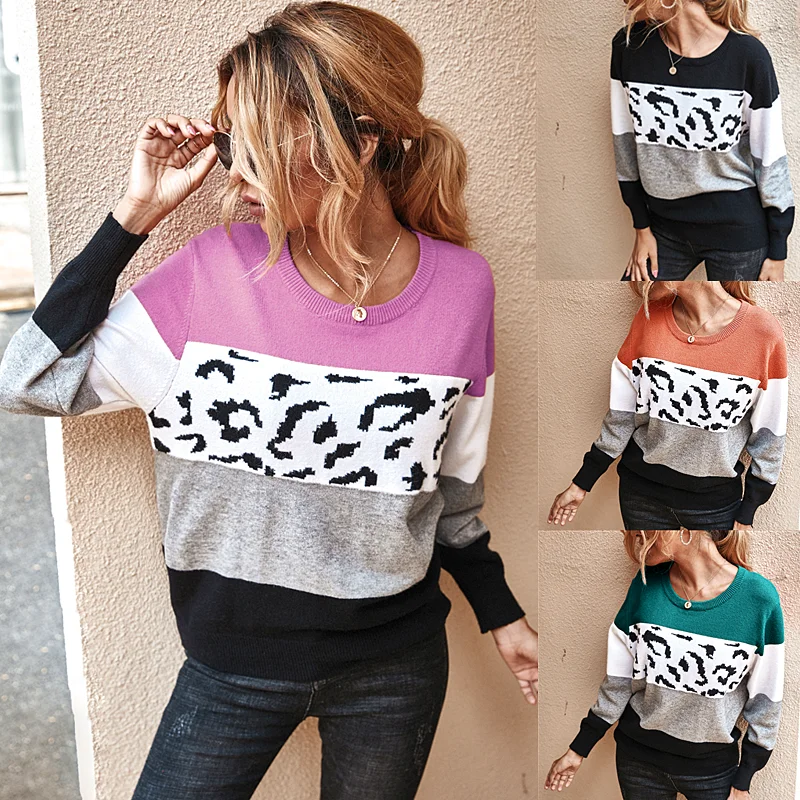 

Lead in Quality - Autumn Winter Women Sweater Knited Pullovers Leopard Stripes Women Top Wearing Patchwork Womens Sweaters