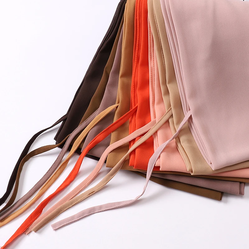 Trendy Women Bubble Chiffon Hijabs Scarves With Rope Convenient Solid Color Shawls Wraps Muslim Hijab Scarf Turbanet Headscarf