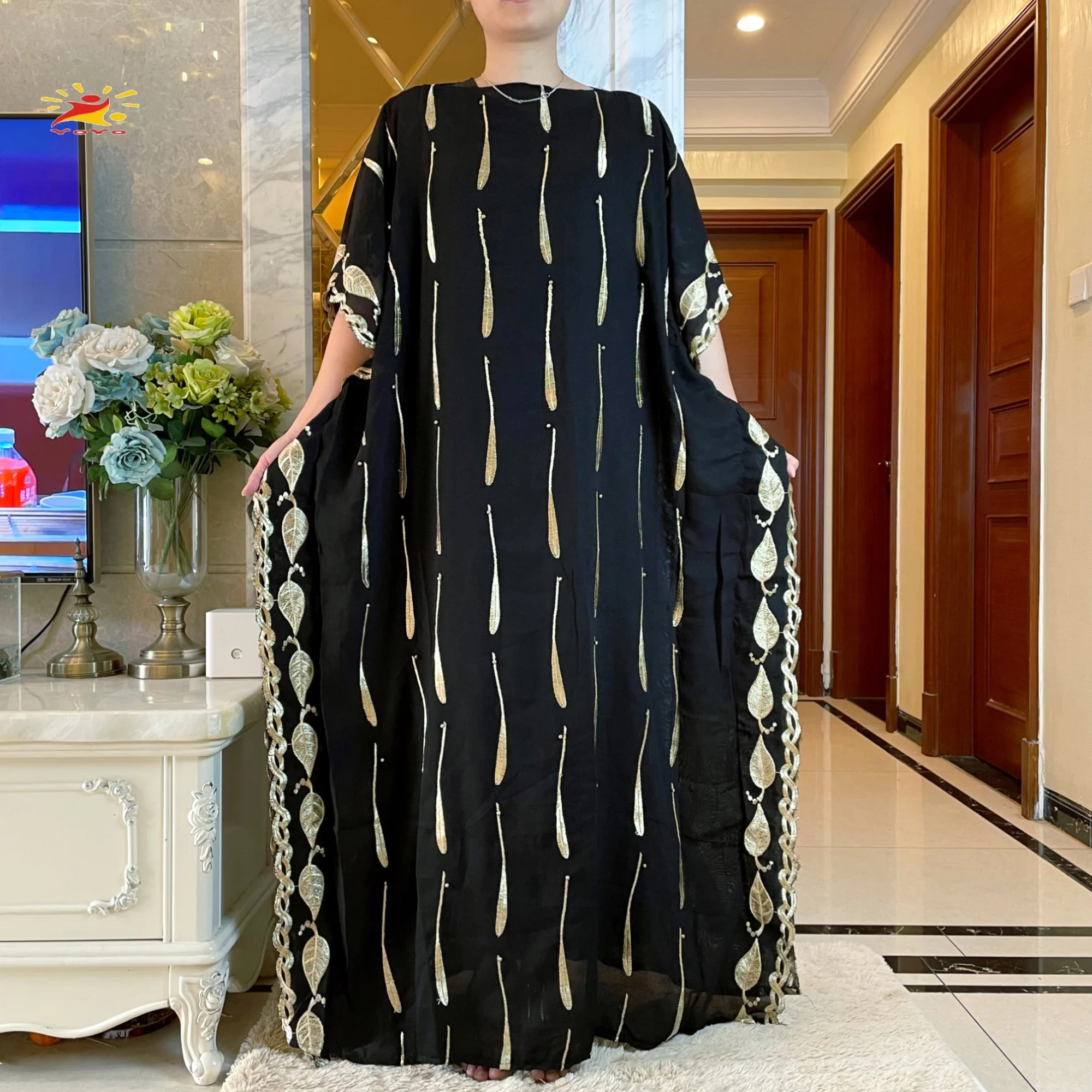 

2022 Fashion New Arrival African Embroidery Flower Dresse With Scarf Big Size Women Muslim Long Black Lady Clothes