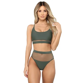 

European and American new hot spring sexy perspective mesh splicing high waist women's bikini large size split swimsuit