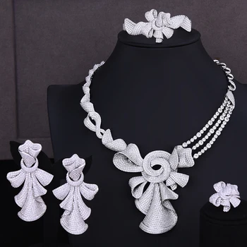 

Siscathy 2020 Luxury Jewelry Set Nigerian CZ Flower Collar Necklace Dangle Earrings Bangle Ring for Women Wedding Jewelry Sets