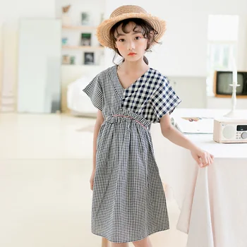 

2020 New Cotton Patchwork Girls Dress Kids Plaid Dress for Teen Baby Princess Dress V-neck Loose Children Summer Clothes, #9060