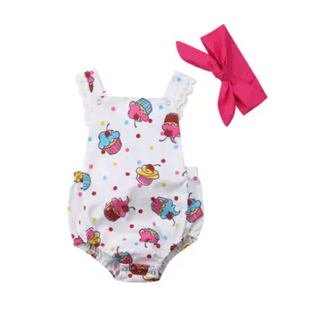 

Toddler Newborn Baby Bibs Girls Cute 2Pcs Ice Cream Printing Romper Jumpsuit Bow Headband Summer Clothes Outfits Sunsuit Set