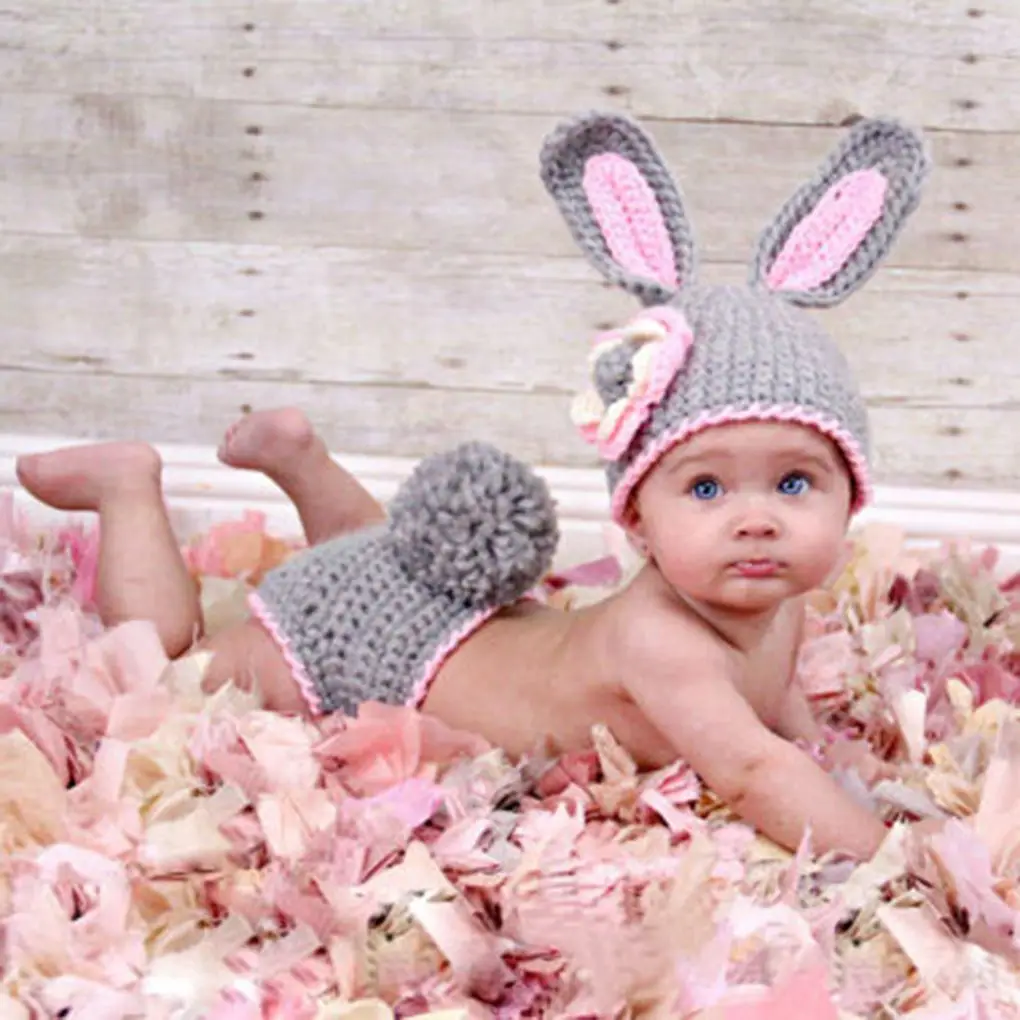 Популярная одежда для малышей; милый вязаный костюм для фотосессии новорожденных; реквизит для фотосессии; шапка с кроликом и цветком; комплект с шортами для маленьких девочек