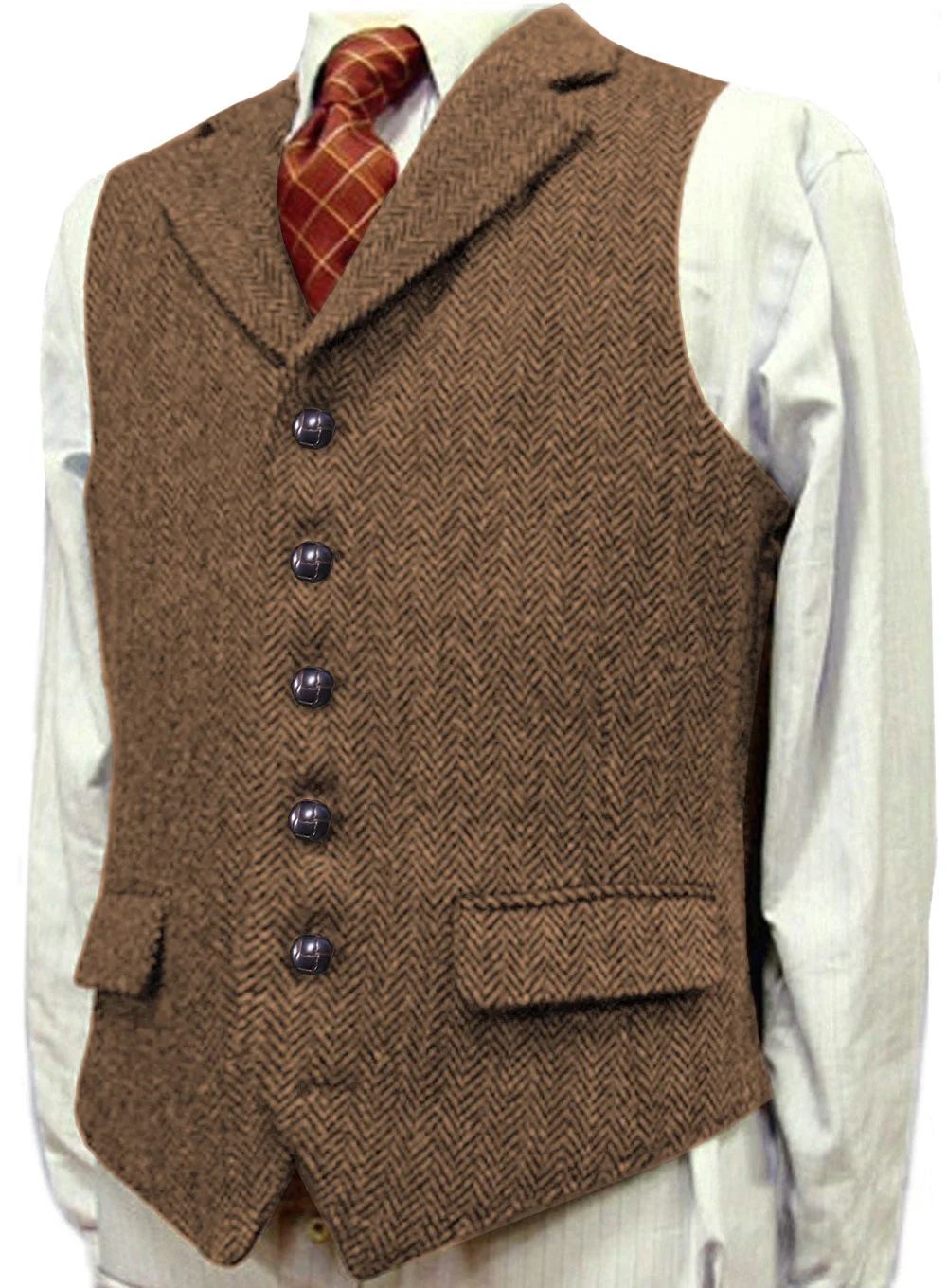 Men's Wool Tweed Vest Gentleman Herringbone Business Dress Vests For Wedding Groom