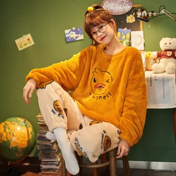 

2020 Coral Velvet Winter Women Pajama Sets Female Flannel Round Neck Cute printing Cartoon Letter Home Service Winter Warm Suit