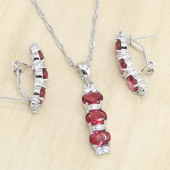 

Red Semi-precious Women Silver Color Jewelry Sets Hoop Earrings Necklace Pendant Birthday Wedding Gift