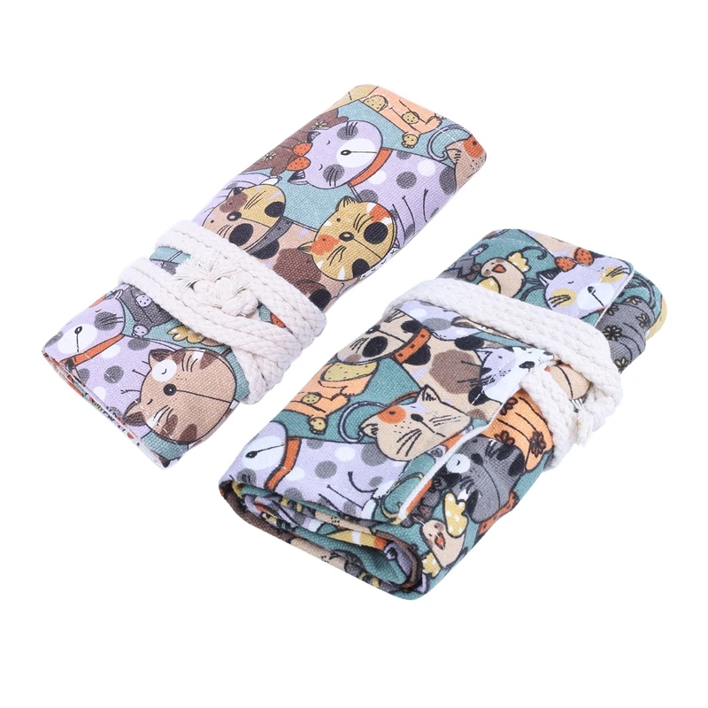 

2 Pcs Big Face Cat Cartoon Canvas Wrap Roll Up Pencil Case Pen Brush Bag, 36 Hole & 48 Hole