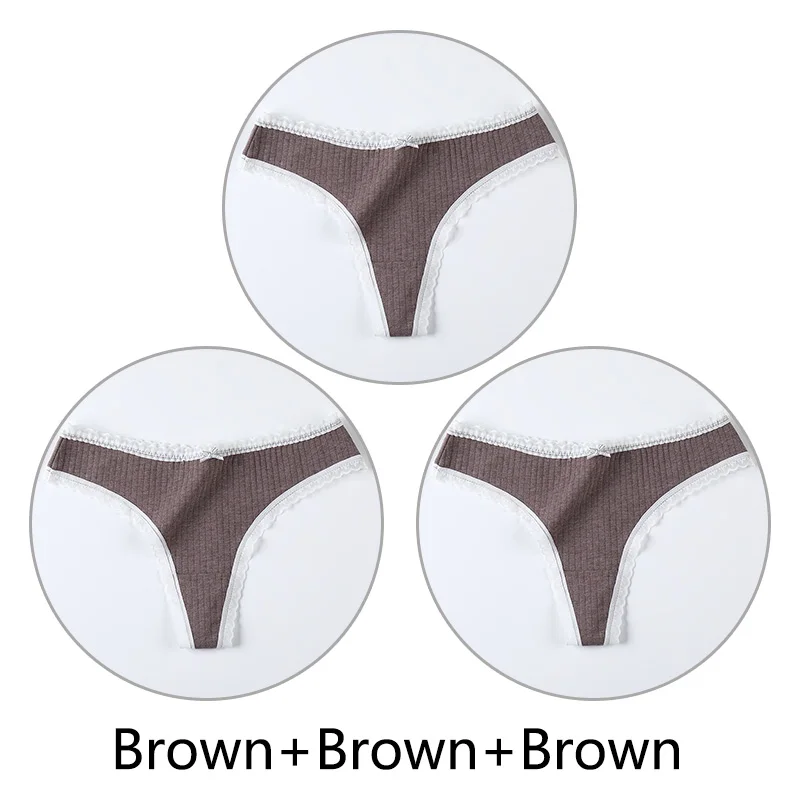 Brown Brown Brown 3 шт цветные хлопковые стринги женские Сексуальные Кружевные Трусики бесшовное белье мягкое нижнее белье натуральный шелк промежность Женская Стринги с низкой талией - Цвет: Brown Brown Brown