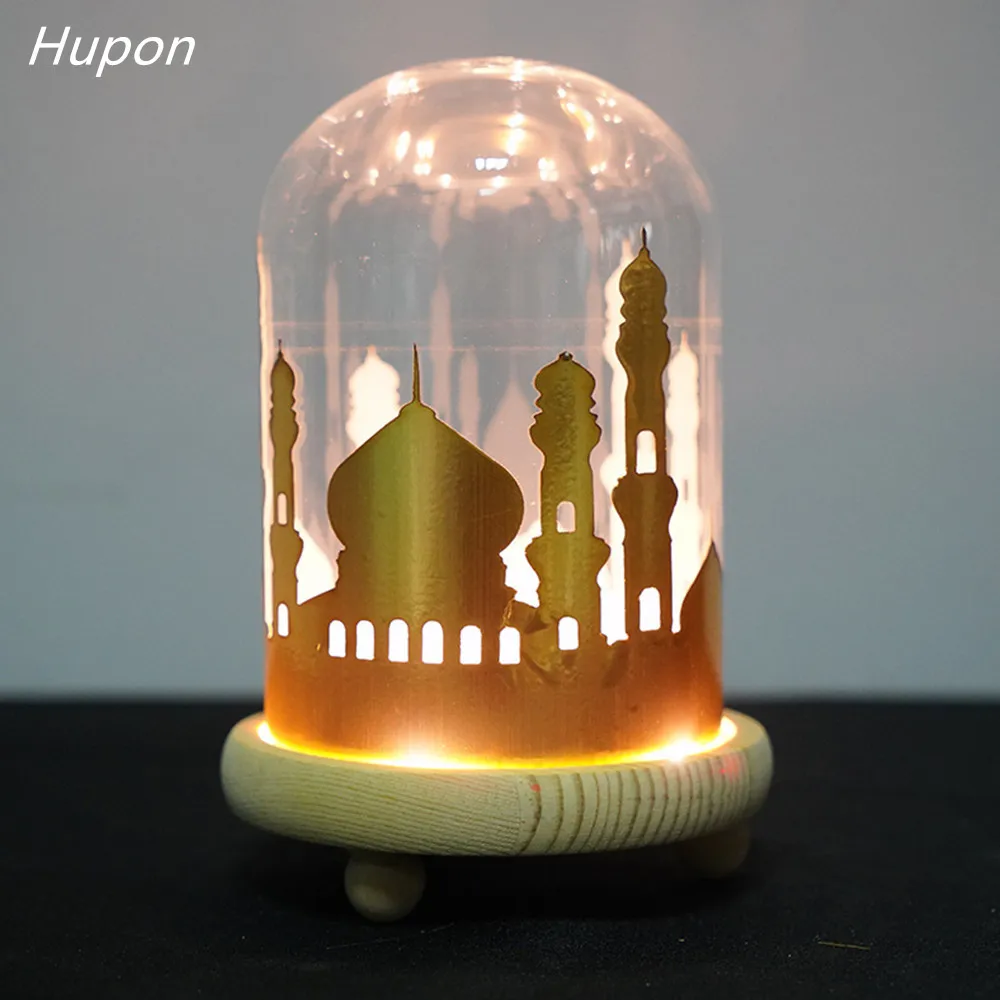 

Eid Mubarak Decor Stereo Palace In A Glass Dome On A Wooden Base for Ramadan and EID Decorations LED Ramadan Lamp Party Supplies