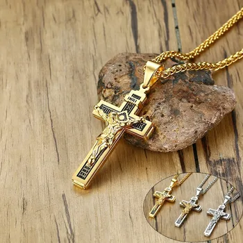 

Vnox INRI Cross Pendant Necklaces for Men Stainless Steel Jesus Prayer Male Christian Collar Lucky Accessory