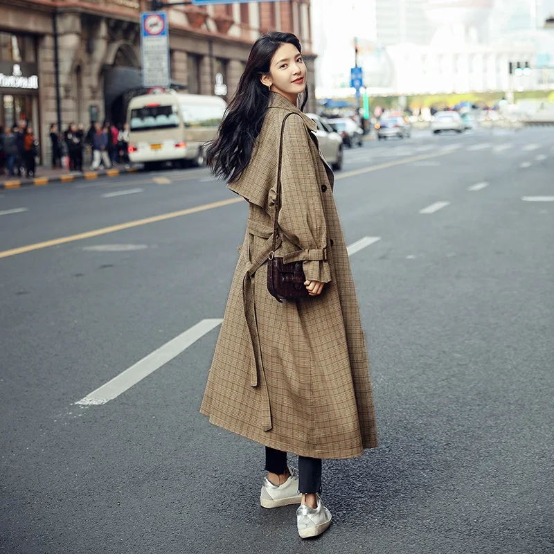 

Plaid Trench Coat over-the-Knee Long 2019 Spring Popular British-Style Fashion Elegant Loose-Fit Slimming Korean-style Coat Wome