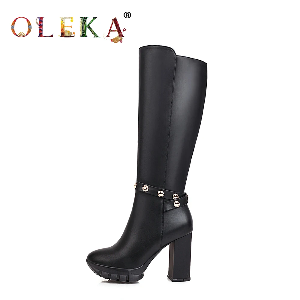 

OLEKA Knee-high Winter Boots For Women Square Heel Rivet Round Toe Winter Boots Mature Style Chelsea Boots New AS859