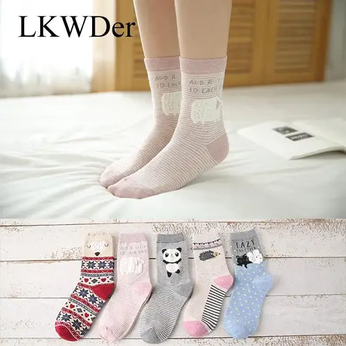 여성용 귀여운 귀 양말, 여우 곰, 부드러운 만화 양말, 튜브 동물 소녀, 달콤한 줄무늬, 캐주얼, 봄, 가을, 신상, 5 쌍 2