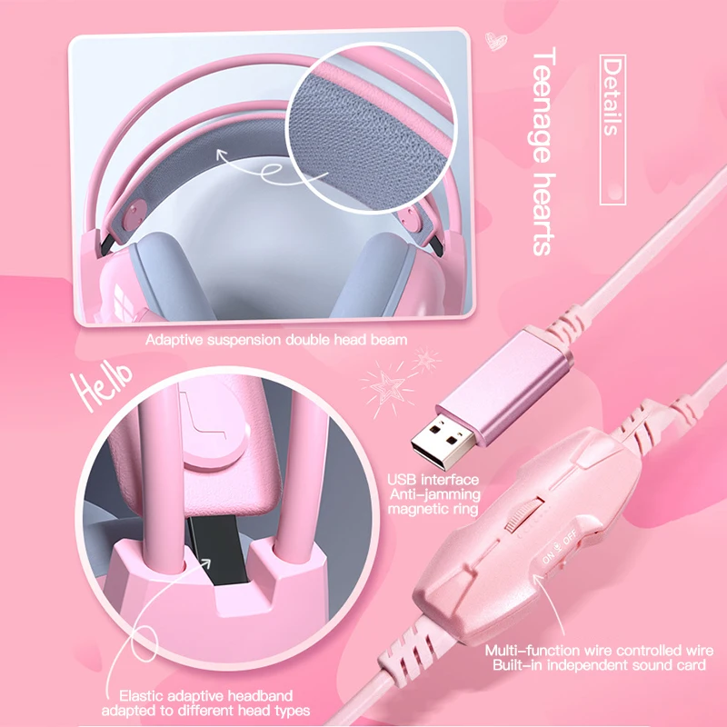 Pink Girl Heart Cute Gaming Headphone lovely Wired Headset Headphones With Mic Microphone For Computer PC Laptop Tablet 3 5mm