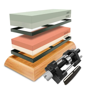 

Knife Sharpening Stone Set,400/1000 and 3000/8000-Grit, Whetstone Set,Honing Guide,Angle Tool,Bamboo Base,Rubber Bases