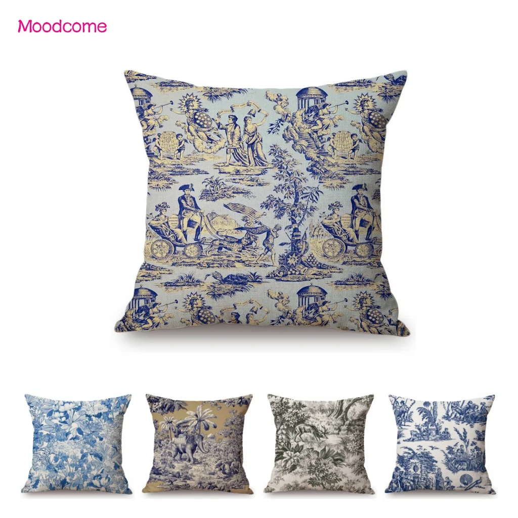 Traditional French Toile De Jouy Motif Design Pattern Navy Blue Elephant  Flower Design Decorative Pillow Case Sofa Cushion Cover - AliExpress, image size:1024x1024
